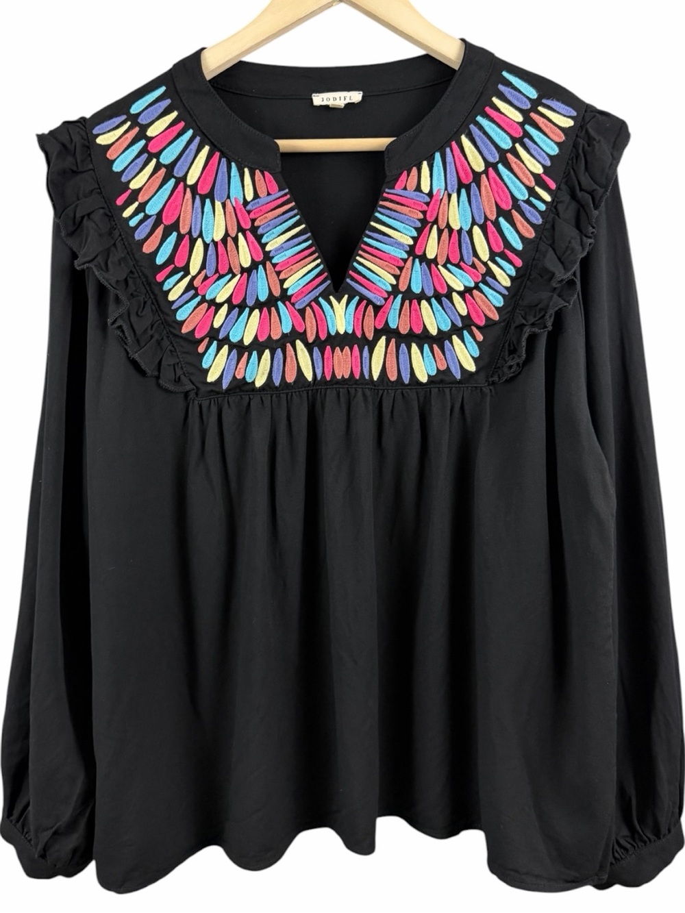 Jodifl Embroidered Boho V-Neck Ruffle Peasant Sleeve 100% Rayon Top Plus Size 1X